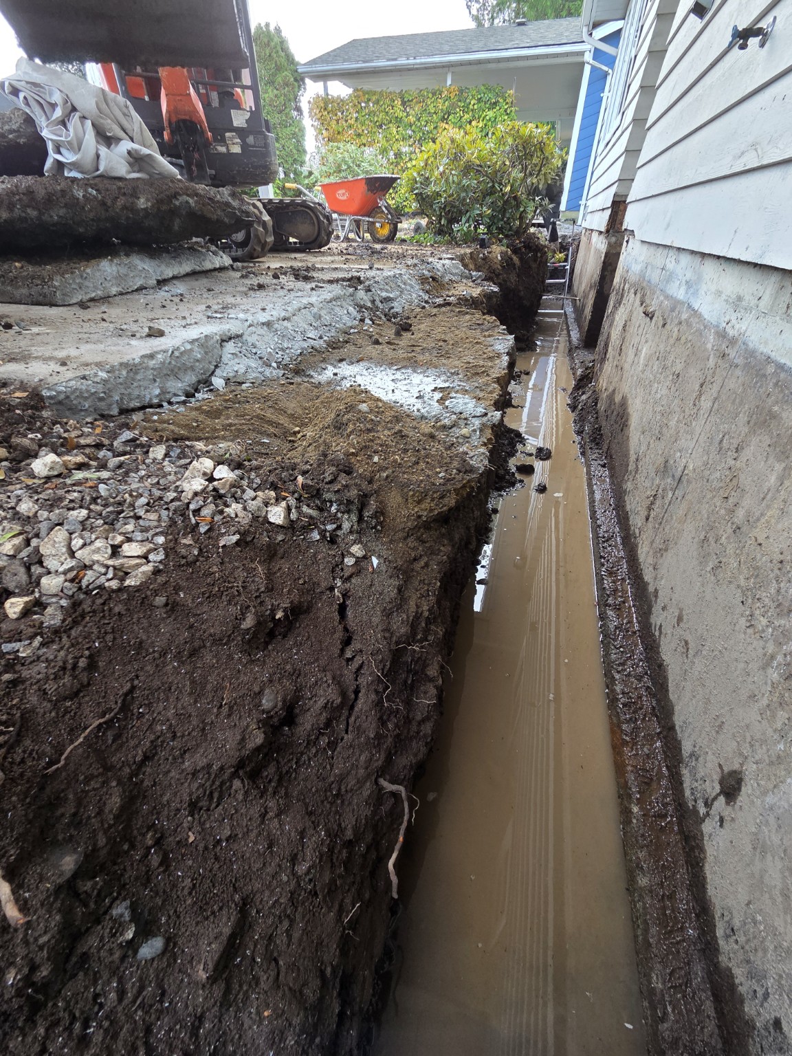 Open drainage trench beside a house with an excavator at the access end